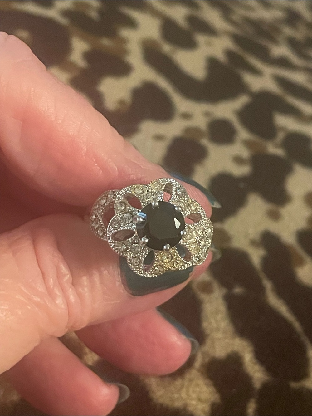 Sterling-Style Floral Ring with Black Center Stone